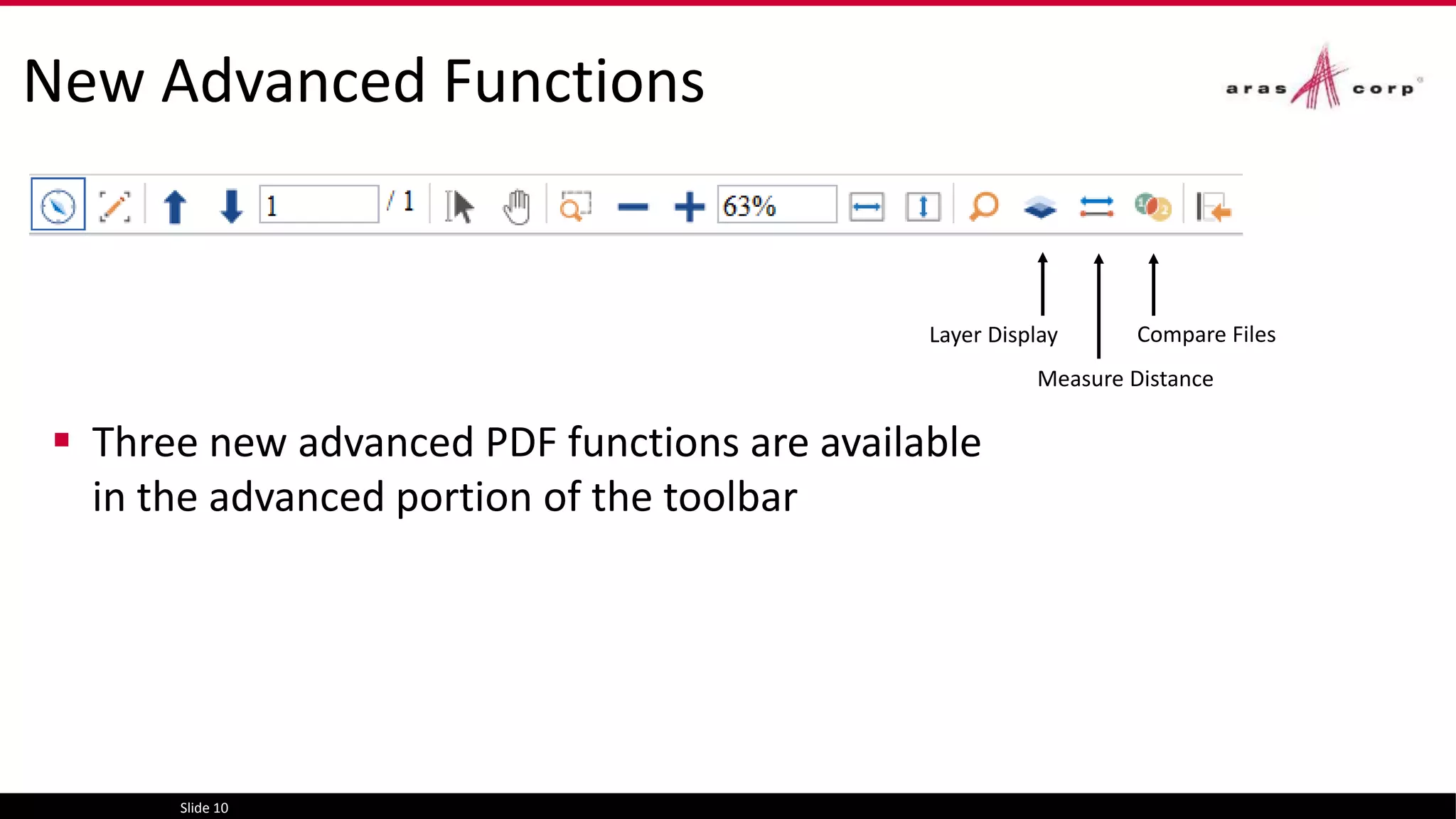 New Advanced Functions
 Three new advanced PDF functions are available
in the advanced portion of the toolbar
Slide 10
Layer Display Compare Files
Measure Distance
 