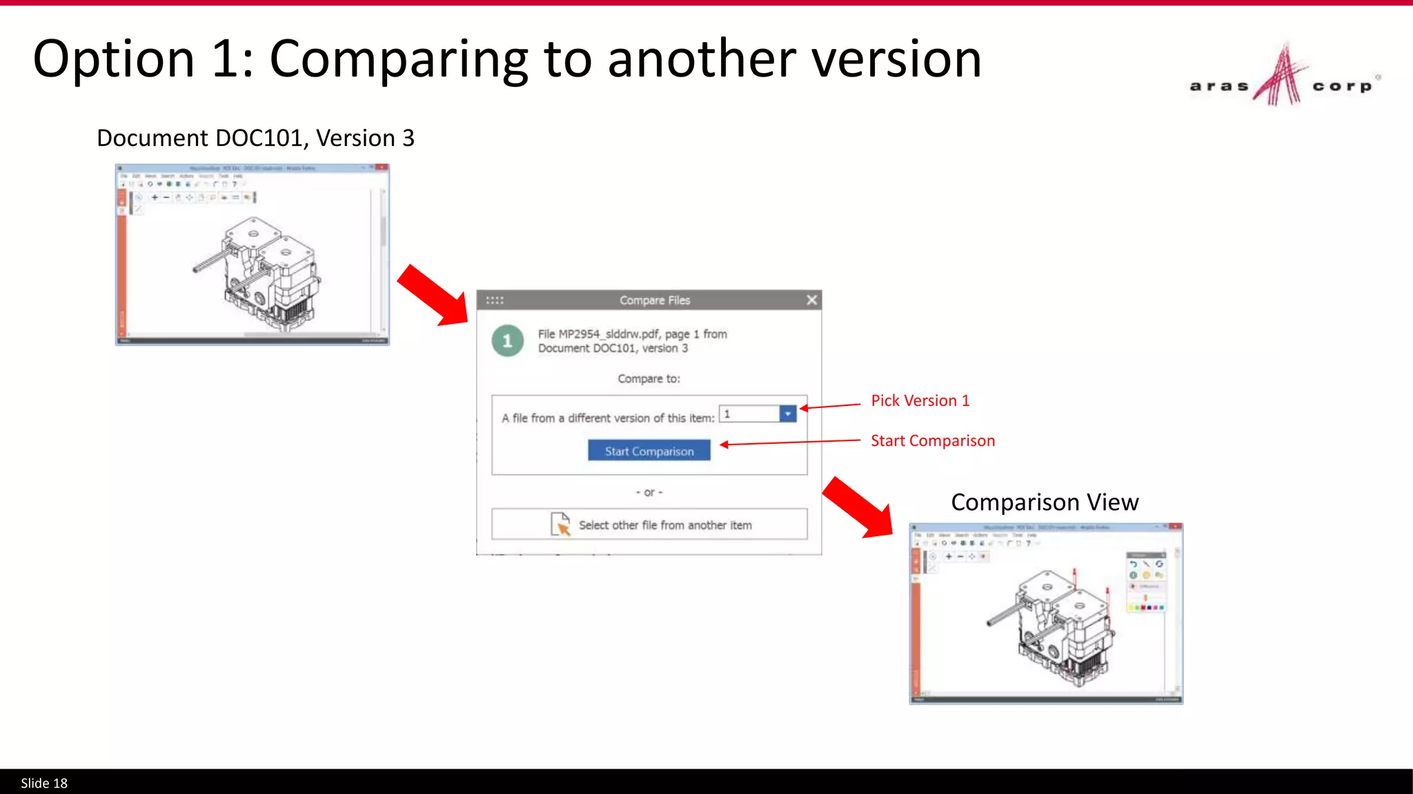 Option 1: Comparing to another version
Slide 18
Document DOC101, Version 3
Comparison View
Start Comparison
Pick Version 1
 