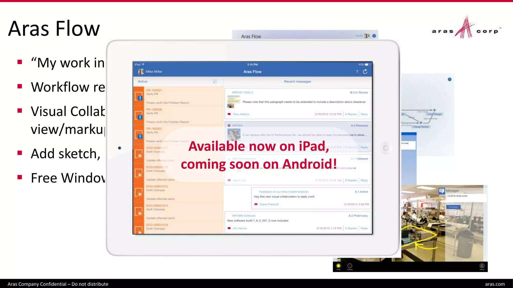Aras Flow
 “My work in Aras right now”
 Workflow review and signoff
 Visual Collaboration with
view/markup/discussion
 Add sketch, photo, video, and audio
 Free Windows Store app
Aras Company Confidential – Do not distribute aras.com
Available now on iPad,
coming soon on Android!
 