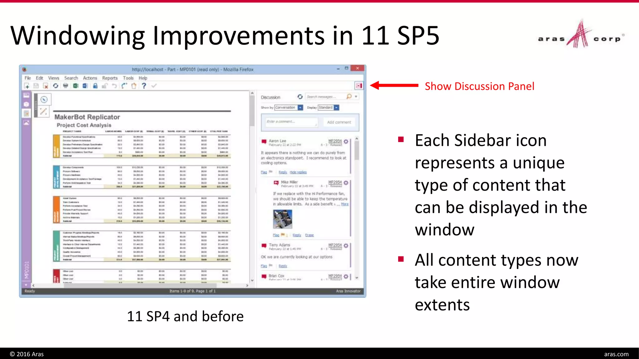 Windowing Improvements in 11 SP5
© 2016 Aras aras.com
 Each Sidebar icon
represents a unique
type of content that
can be displayed in the
window
 All content types now
take entire window
extents
Show Discussion Panel
11 SP4 and before
 