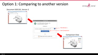 Option 1: Comparing to another version
Slide 18
Document DOC101, Version 3
Comparison View
Start Comparison
Pick Version 1
 