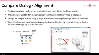 Compare Dialog - Alignment
 The Compare dialog has functions to align the images and display the file comparison
 If Option 2 was used to start the comparison, the files will most likely need to be aligned
 To align the images, use the “Drag to align” button and then drag one image on top of the other
 To do fine alignment, use the Arrow keys on the keyboard to align by 1 pixel at a time, or Control
+ Arrow key to align by 10 pixels at a time
Slide 21
Reset alignment Drag to align
Refresh
display
Drag
 