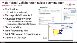 Major Visual Collaboration Release coming soon
Release 11 SP7 – Q2 2016
 Notification
▫ In web client and email
 Message visibility control
 Advanced Image Viewer
▫ TIFF, BMP file format support
▫ Measure and Compare for Images
 Sketch function
 Print / Download File
 Print / Download / Copy Snapshot
 General UI Cleanup
© 2016 Aras aras.com
Notification
Sketch
Message Visibility
 