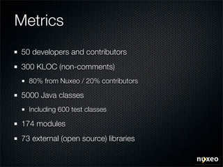 Metrics
50 developers and contributors
300 KLOC (non-comments)
  80% from Nuxeo / 20% contributors

5000 Java classes
  Including 600 test classes

174 modules
73 external (open source) libraries
 