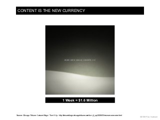 CONTENT IS THE NEW CURRENCY
1 Week = $1.6 Million
Source: Chicago Tribune / Leisure Blogs / Turn It Up - http://leisureblo...