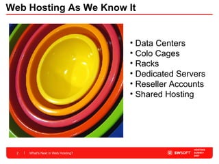 Web Hosting As We Know It What's Next in Web Hosting? Data Centers Colo Cages Racks  Dedicated Servers Reseller Accounts Shared Hosting 