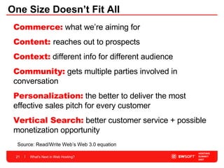 One Size Doesn’t Fit All What's Next in Web Hosting? Commerce:   what we’re aiming for Content:  reaches out to prospects Context:   different info for different audience Community:   gets multiple parties involved in conversation Personalization:   the better to deliver the most effective sales  pitch for every customer Vertical Search:   better  customer service + possible monetization opportunity Source: Read/Write Web’s Web 3.0 equation 