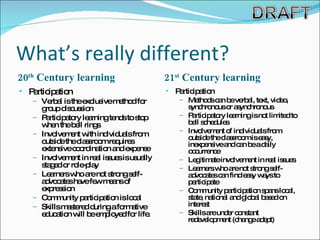 What’s really different? 20 th  Century learning 21 st  Century learning Participation Verbal is the exclusive method for group discussion Participatory learning tends to stop when the bell rings  Involvement with individuals from outside the classroom requires extensive coordination and expense Involvement in real issues is usually staged or role-play Learners who are not strong self-advocates have few means of expression Community participation is local Skills mastered during a formative education will be employed for life. Participation  Methods can be verbal, text, video, synchronous or asynchronous Participatory learning is not limited to bell schedules Involvement of individuals from outside the classroom is easy, inexpensive and can be a daily occurrence Legitimate involvement in real issues  Learners who are not strong self-advocates can find easy ways to participate Community participation spans local, state, national and global based on interest Skills are under constant redevelopment (change adept) 
