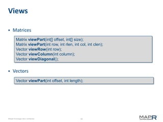10©MapR Technologies 2013- Confidential
Views
 Matrices
 Vectors
Matrix viewPart(int[] offset, int[] size);
Matrix viewPart(int row, int rlen, int col, int clen);
Vector viewRow(int row);
Vector viewColumn(int column);
Vector viewDiagonal();
Vector viewPart(int offset, int length);
 