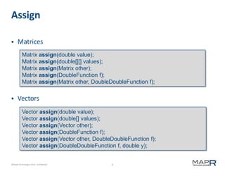 9©MapR Technologies 2013- Confidential
Assign
 Matrices
 Vectors
Matrix assign(double value);
Matrix assign(double[][] values);
Matrix assign(Matrix other);
Matrix assign(DoubleFunction f);
Matrix assign(Matrix other, DoubleDoubleFunction f);
Vector assign(double value);
Vector assign(double[] values);
Vector assign(Vector other);
Vector assign(DoubleFunction f);
Vector assign(Vector other, DoubleDoubleFunction f);
Vector assign(DoubleDoubleFunction f, double y);
 
