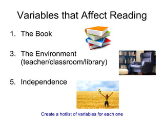 Variables that Affect Reading The Book The Environment (teacher/classroom/library) Independence Create a hotlist of variables for each one 