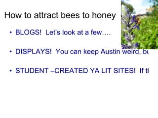 How to attract bees to honey BLOGS!  Let’s look at a few…. DISPLAYS!  You can keep Austin weird, but there is genius within  STUDENT –CREATED YA LIT SITES!  If they don’t trust you, you who they will… 