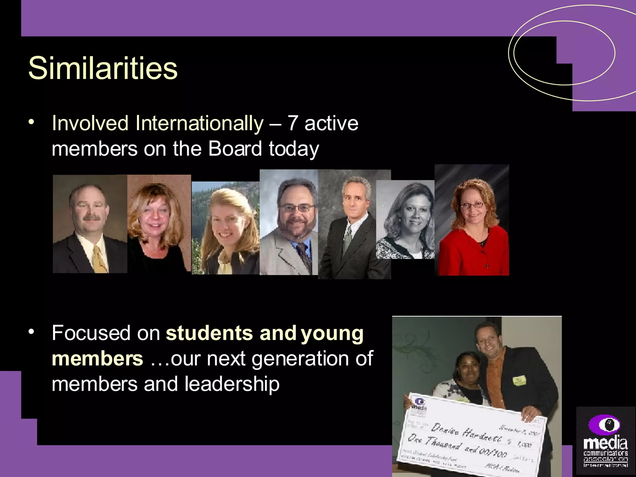 Involved Internationally  – 7 active members on the Board today Focused on  students and young members  …our next generation of members and leadership Similarities 
