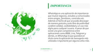 LO MEJOR PARA usted
E M P R E S A D E C O M P U E S T O S
O R G Á N I C O S
IMPORTANCIA
WhatsApp es una aplicación de importancia
que mueve negocios, estudios y comunicados
entre amigos, familiares, conocidos etc.
Además el hecho de que se pueda descargar
de manera gratuita y este libre de publicidad
confiere calidad, confiabilidad y un uso más
digno para cualquier usuario. A pesar de que
existe una gran competencia entre
aplicaciones como BBM, Line,Telegram y
demás, esWhatsApp la que guardara el
título como la aplicación de mensajería más
utilizada e importante por algunos años más.
8
 