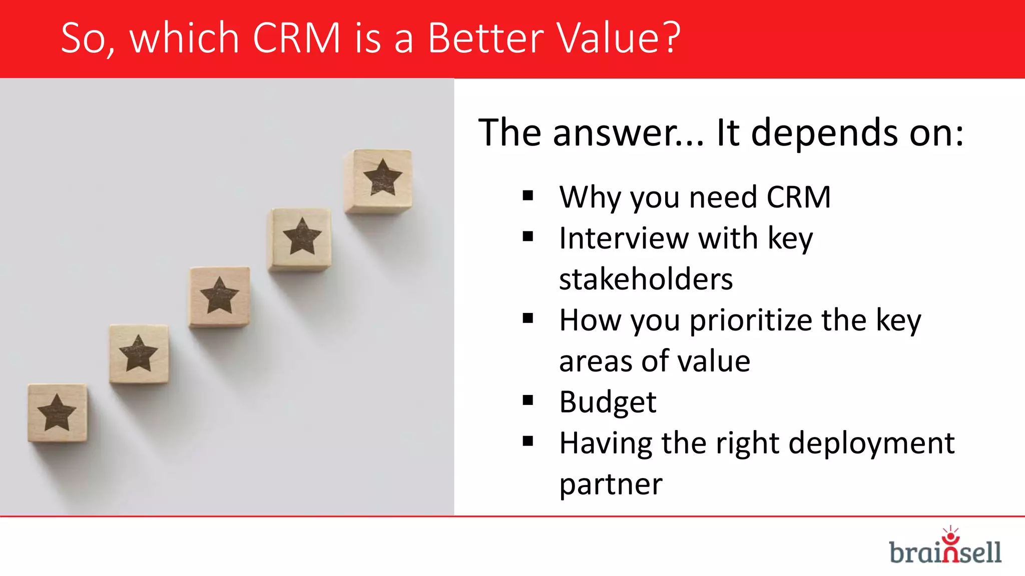 So, which CRM is a Better Value?
The answer... It depends on:
 Why you need CRM
 Interview with key
stakeholders
 How you prioritize the key
areas of value
 Budget
 Having the right deployment
partner
 