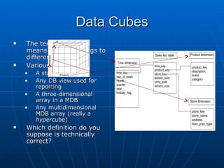 Data Cubes
   The term data cube
    means different things to
    different people
   Various definitions:
    •   A star schema
    •   Any DB view used for
        reporting
    •   A three-dimensional
        array in a MDB
    •   Any multidimensional
        MDB array (really a
        hypercube)
   Which definition do you
    suppose is technically
    correct?
 