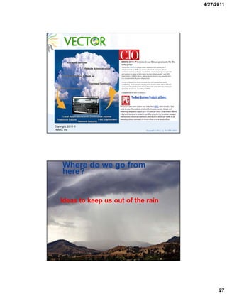 4/27/2011




Copyright, 2010 ©
HBMG, Inc                       C opyrght 2009 © H BM G ,I
                                      i ,                nc.




      Where do we go from
      here?


    Ideas to keep us out of the rain




                                                    54
                              20090909_Vit i i
                                        rualzatonAndC l
                                                      oud




                                                                     27
 