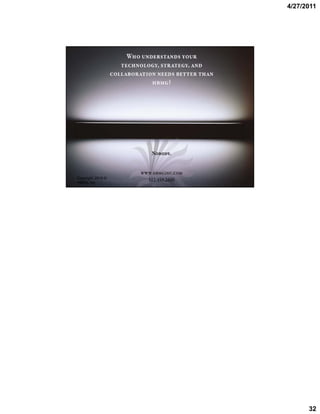 4/27/2011




      In Parting: Be Paranoid

 “Sooner or later, something
fundamental in your business
     world will change.”

                    ⎯ Andrew S. Grove, Founder, Intel
                         “Only the Paranoid Survive”




Copyright, 2010 ©
HBMG, Inc                                          C opyrght 2009 © H BM G ,I
                                                         i ,                nc.




                                                                                        32
 
