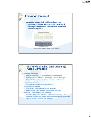 4/27/2011




 Forrester Research

  “A pool of abstracted, highly scalable, and
    managed compute infrastructure capable of
    hosting end-customer applications and billed
    by consumption1”




             1- “Is Cloud Computing Ready for The Enterprise?” Forrester Research, Inc.




     IT Trends enabling (and driven by)
     Cloud Computing
Increased Parallelism
    New Moore’s Law - 2X processors per chip generation
    Parallel software industries emerging to address challenges
    Redundant networks and storage increasing performance
Increased Virtualization
    Processing, Storage, Bandwidth, Delivery
Commodity Components
    X86 servers, consumer hard drives, ethernet
    Open Source SW – Freedom to customize and adapt
Increased Outsourcing of Core Elements
    “By 2012, 80 percent of Fortune 1000 companies will pay for
    some cloud computing service, and 30 percent of them will pay for
    cloud computing infrastructure.” Gartner

                                                                                          10




                                                                                                      5
 