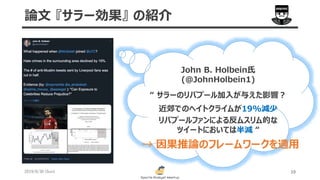 2019/6/30 (Sun) 10
論文 『サラー効果』 の紹介
John B. Holbein氏
(@JohnHolbein1)
“ サラーのリバプール加入が与えた影響？
近郊でのヘイトクライムが19%減少
リバプールファンによる反ムスリム的な
ツイートにおいては半減 “
→ 因果推論のフレームワークを適用
 
