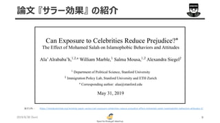 2019/6/30 (Sun) 9
論文 『サラー効果』 の紹介
https://immigrationlab.org/working-paper-series/can-exposure-celebrities-reduce-prejudice-effect-mohamed-salah-islamophobic-behaviors-attitudes-2/論文URL :
 