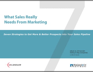 What Sales Really
Needs From Marketing




                        7
Seven Strategies to Get More & Better Prospects into Your Sales Pipeline




                                                       eBook by Jill Konrath
                                                       Selling to Big Companies
                                                       © 2006 Jill Konrath
 