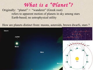 What is a “Planet”?
Originally: “planet” = “wanderer” (Greek root)
refers to apparent motion of planets in sky among stars
Earth-based; no astrophysical utility
How are planets distinct from: moons, asteroids, brown dwarfs, stars ?
 