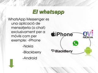 El whatsapp
WhatsApp Messenger es 
 una aplicació de 
 mensatjería (o chat) 
 exclusivament per a 
 móvils com per 
 exemple: ­IPhone
               ­Nokia
               ­Blackberry
               ­Android 
 