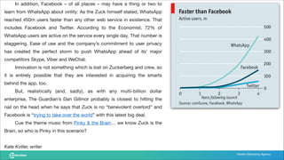 Mobile Marketing Agency
	 In addition, Facebook – of all places – may have a thing or two to
learn from WhatsApp about virility: As the Zuck himself stated, WhatsApp
reached 450m users faster than any other web service in existence. That
includes Facebook and Twitter. According to the Economist, 72% of
WhatsApp users are active on the service every single day. That number is
staggering. Ease of use and the company’s commitment to user privacy
has created the perfect storm to push WhatsApp ahead of its’ major
competitors Skype, Viber and WeChat.

	 Innovation is not something which is lost on Zuckerberg and crew, so
it is entirely possible that they are interested in acquiring the smarts
behind the app, too.

	 But, realistically (and, sadly), as with any multi-billion dollar
enterprise, The Guardian’s Dan Gillmor probably is closest to hitting the
nail on the head when he says that Zuck is no “benevolent overlord” and
Facebook is “trying to take over the world” with this latest big deal.

	 Cue the theme music from Pinky & the Brain… we know Zuck is the
Brain, so who is Pinky in this scenario?

!
Kate Kotler, writer
 
