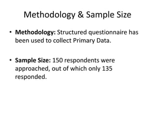 Methodology & Sample Size
• Methodology: Structured questionnaire has
been used to collect Primary Data.
• Sample Size: 150 respondents were
approached, out of which only 135
responded.
 