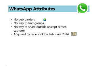 7
WhatsApp Attributes
• No geo barriers
• No way to find groups…
• No way to share outside (except screen
capture)
• Acquired by Facebook on February, 2014
 