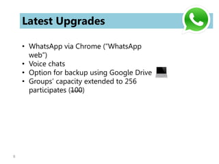 8
Latest Upgrades
• WhatsApp via Chrome (“WhatsApp
web”)
• Voice chats
• Option for backup using Google Drive
• Groups’ capacity extended to 256
participates (100)
 