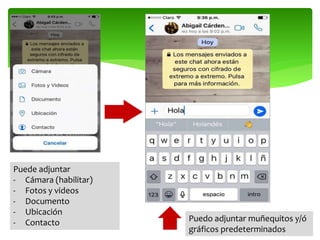Puede adjuntar
- Cámara (habilitar)
- Fotos y videos
- Documento
- Ubicación
- Contacto Puedo adjuntar muñequitos y/ó
gráficos predeterminados
 