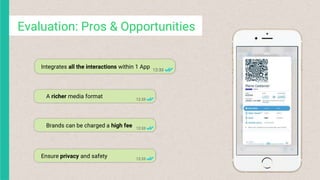 Evaluation: Pros & Opportunities
Integrates all the interactions within 1 App
Brands can be charged a high fee
A richer media format
Ensure privacy and safety
 