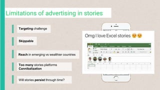 Limitations of advertising in stories
Targeting challenge
Skippable
Reach in emerging vs wealthier countries
Too many stories platforms
Cannibalization
Will stories persist through time?
 