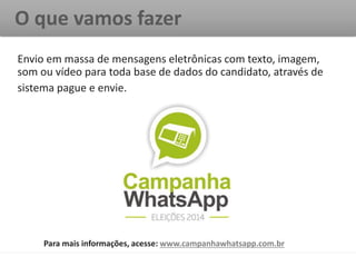 O que vamos fazer
comercial@campanhawhatsapp.com.br
Envio em massa de mensagens eletrônicas com texto, imagem,
som ou víde...