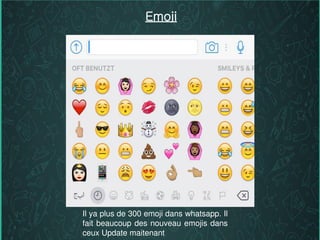 Emoji
Il ya plus de 300 emoji dans whatsapp. Il
fait beaucoup des nouveau emojis dans
ceux Update maitenant
 