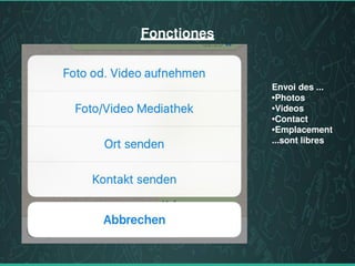 Fonctiones
Envoi des ...
•Photos
•Videos
•Contact
•Emplacement
...sont libres
 
