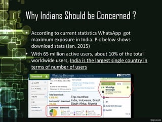 Why Indians Should be Concerned ?
• According to current statistics WhatsApp got
maximum exposure in India. Pic below shows
download stats (Jan. 2015)
• With 65 million active users, about 10% of the total
worldwide users, India is the largest single country in
terms of number of users
 