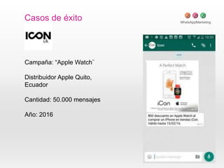 Casos de éxito
Campaña: “Apple Watch¨
Distribuidor Apple Quito,
Ecuador
Cantidad: 50.000 mensajes
Año: 2016
 