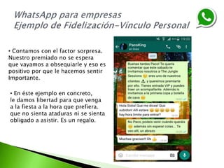 • Contamos con el factor sorpresa.
Nuestro premiado no se espera
que vayamos a obsequiarle y eso es
positivo por que le hacemos sentir
Importante.
• En éste ejemplo en concreto,
le damos libertad para que venga
a la fiesta a la hora que prefiera.
que no sienta ataduras ni se sienta
obligado a asistir. Es un regalo.
 