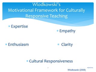  Expertise
Wlodkowski’s
Motivational Framework for Culturally
Responsive Teaching
03/02/20157
 Empathy
 Enthusiasm  Clarity
 Cultural Responsiveness
Wlodkowski (2008)
 