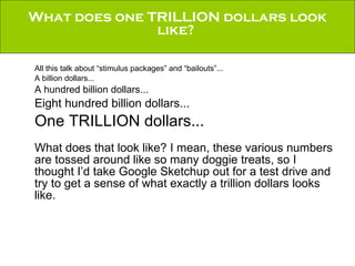 What does one TRILLION dollars look like?  All this talk about “stimulus packages” and “bailouts”... A billion dollars... A hundred billion dollars... Eight hundred billion dollars... One TRILLION dollars... What does that look like? I mean, these various numbers are tossed around like so many doggie treats, so I thought I’d take Google Sketchup out for a test drive and try to get a sense of what exactly a trillion dollars looks like. 