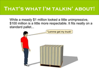 That’s what I’m talkin’ about! While a measly $1 million looked a little unimpressive, $100 million is a little more respectable. It fits neatly on a standard pallet... “ Lemme get my truck! 