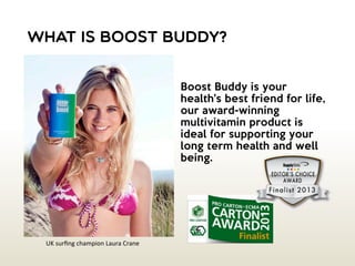 WHAT IS BOOST BUDDY?
Boost Buddy is your
health's best friend for life.
Our award-winning
multivitamin product is
ideal for supporting your
long term health and well
being.  

UK surfing champion Laura Crane

 