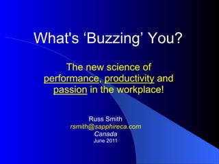 What's ‘Buzzing’ You? The new science of performance, productivity and passion in the workplace! Russ Smith rsmith@sapphireca.com Canada June 2011 