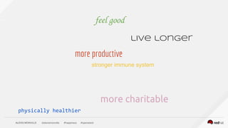 ALEXIS MONVILLE @alexismonville #happiness #openstack
feel good
live longer
more charitable
physically healthier
stronger immune system
more productive
 