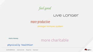 ALEXIS MONVILLE @alexismonville #happiness #openstack
feel good
live longer
more charitable
physically healthier
stronger immune system
more productive
more money
 