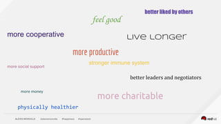 ALEXIS MONVILLE @alexismonville #happiness #openstack
feel good
live longer
more charitable
physically healthier
stronger immune system
more productive
better leaders and negotiators
more money
better liked by others
more social support
more cooperative
 