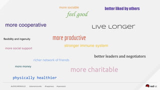 ALEXIS MONVILLE @alexismonville #happiness #openstack
feel good
live longer
more charitable
physically healthier
stronger immune system
more productive
better leaders and negotiators
more money
better liked by othersmore sociable
more social support
more cooperative
richer network of friends
flexibility and ingenuity
 